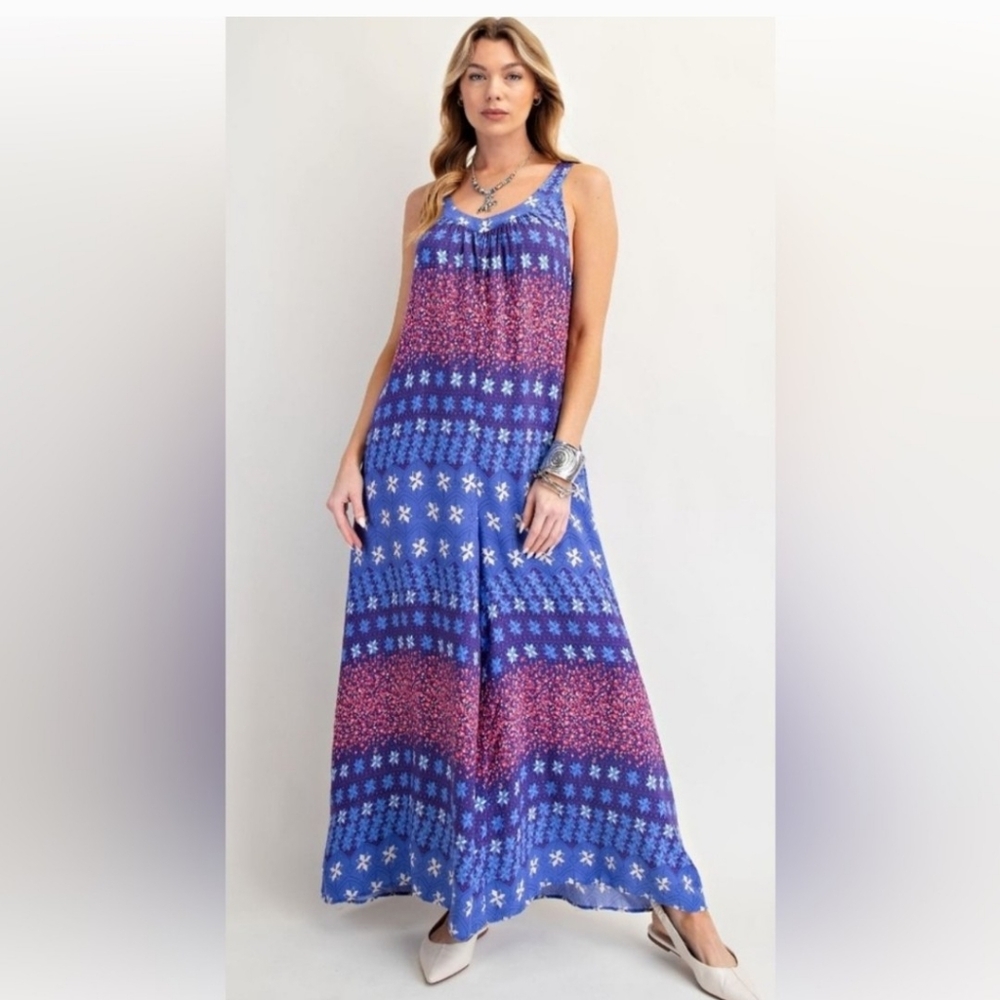 Easel Vibrant Blue and Pink Patterned Jumpsuit NWOT - Picture 3 of 6